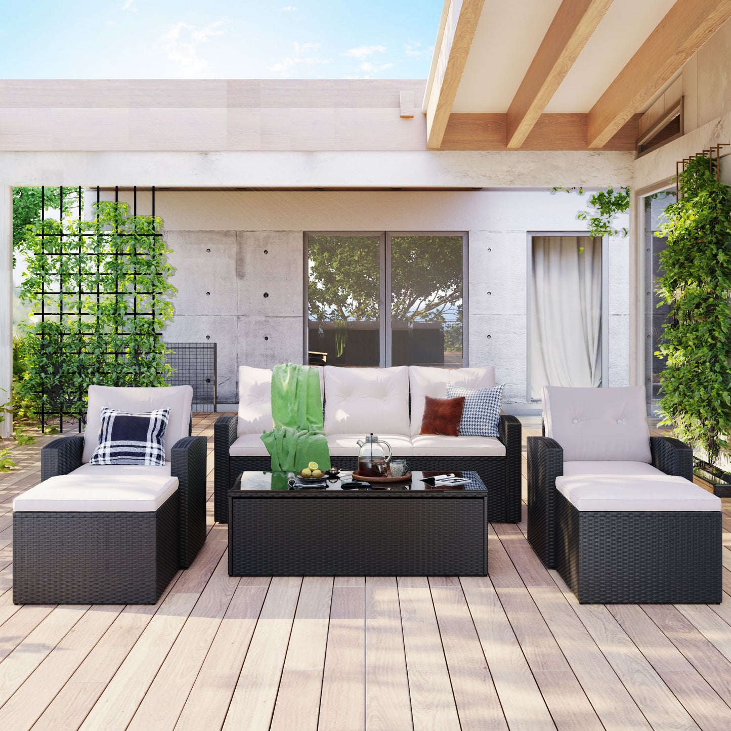 6-piece All-Weather Wicker PE rattan Patio Outdoor Dining Conversation Sectional Set with coffee table, wicker sofas, ottomans, removable cushions