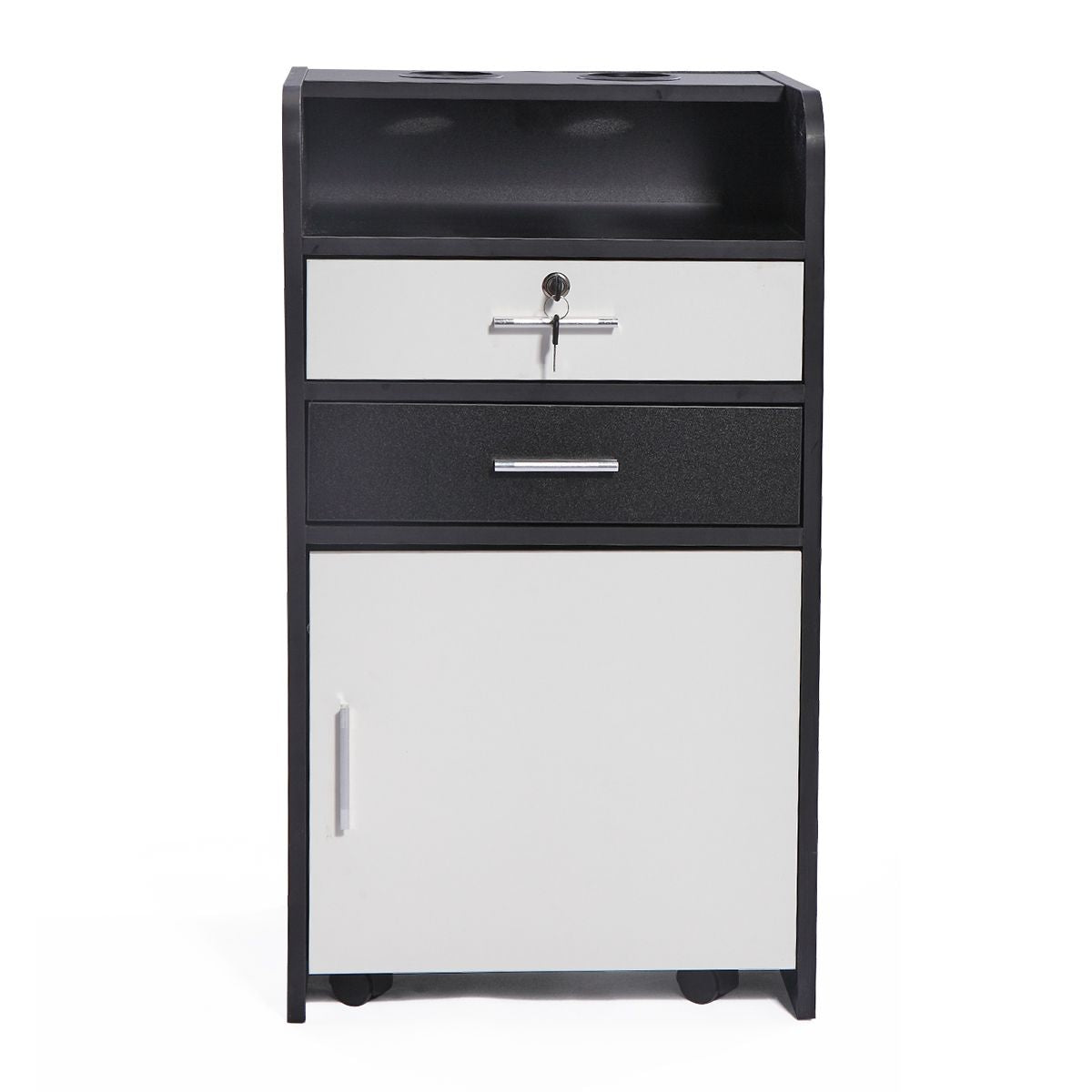 Salon Beauty Cabinet;  3-Layer Rolling Trolley with Storage Drawer;  Wheels and 2 Hair Dryer Holders;  XH