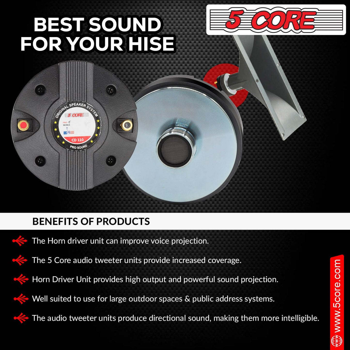 5 CORE Horn Speaker Tweeter Compression Driver 1.75 Inch Titanium Voice Coil 600W Max 8 Ohm 300 Watts RMS Loud 105dB 18 Oz 110mm Magnet- Screw