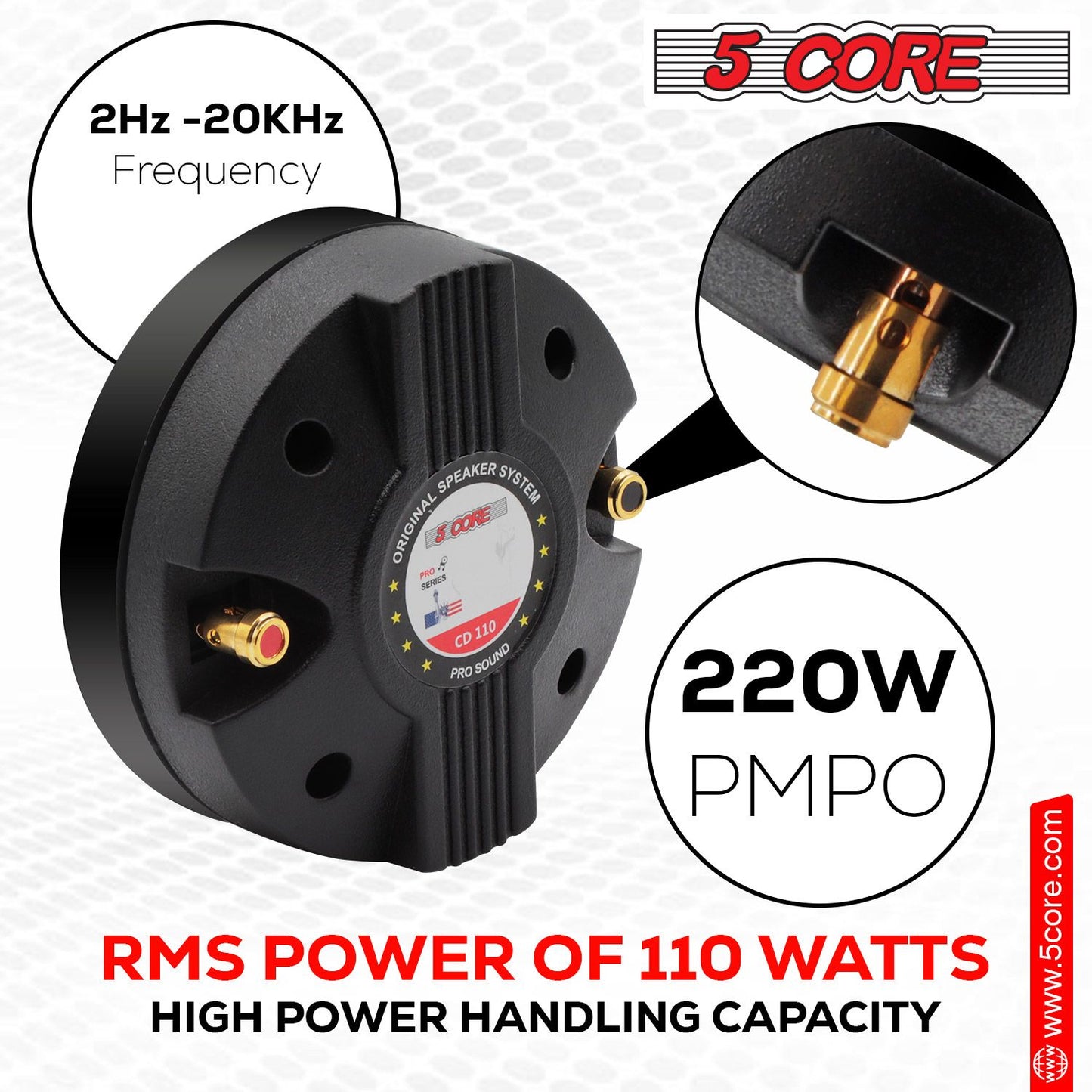 5 CORE Horn Speaker Tweeter Compression Driver 1.75 Inch Titanium Voice Coil 600W Max 8 Ohm 300 Watts RMS Loud 105dB 18 Oz 110mm Magnet- Screw