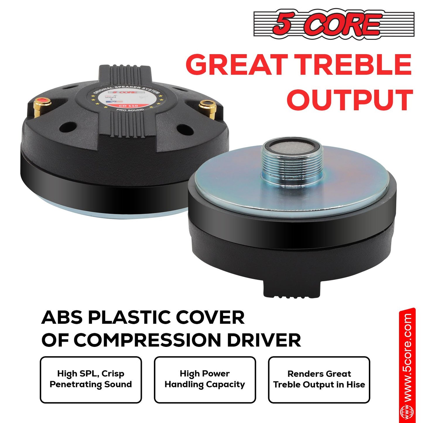 5 CORE Horn Speaker Tweeter Compression Driver 1.75 Inch Titanium Voice Coil 600W Max 8 Ohm 300 Watts RMS Loud 105dB 18 Oz 110mm Magnet- Screw