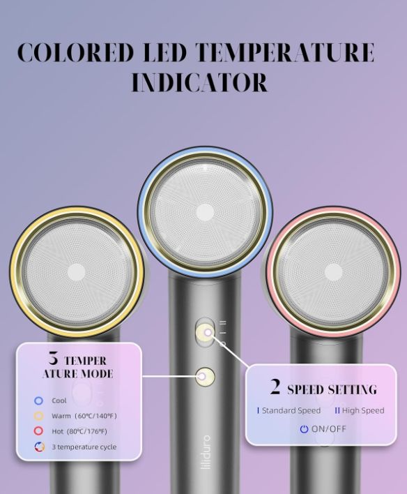 Hair Dryer High Speed Ionic, 110000 RPM Travel Blow Dryer Quiet Intelligent Heat Control Fast Drying 1400W with Diffuser 2 Nozzles, 3 Temps & 2 Speeds