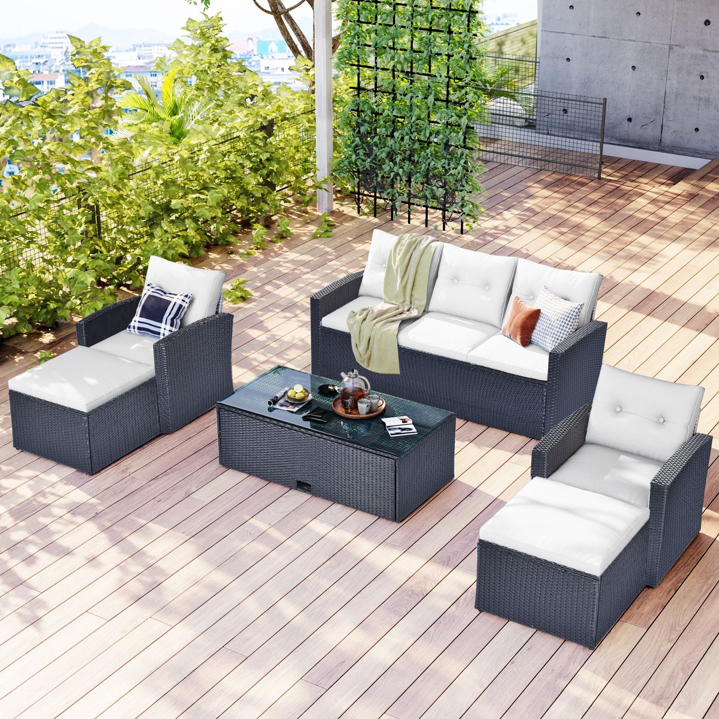 6-piece All-Weather Wicker PE rattan Patio Outdoor Dining Conversation Sectional Set with coffee table, wicker sofas, ottomans, removable cushions
