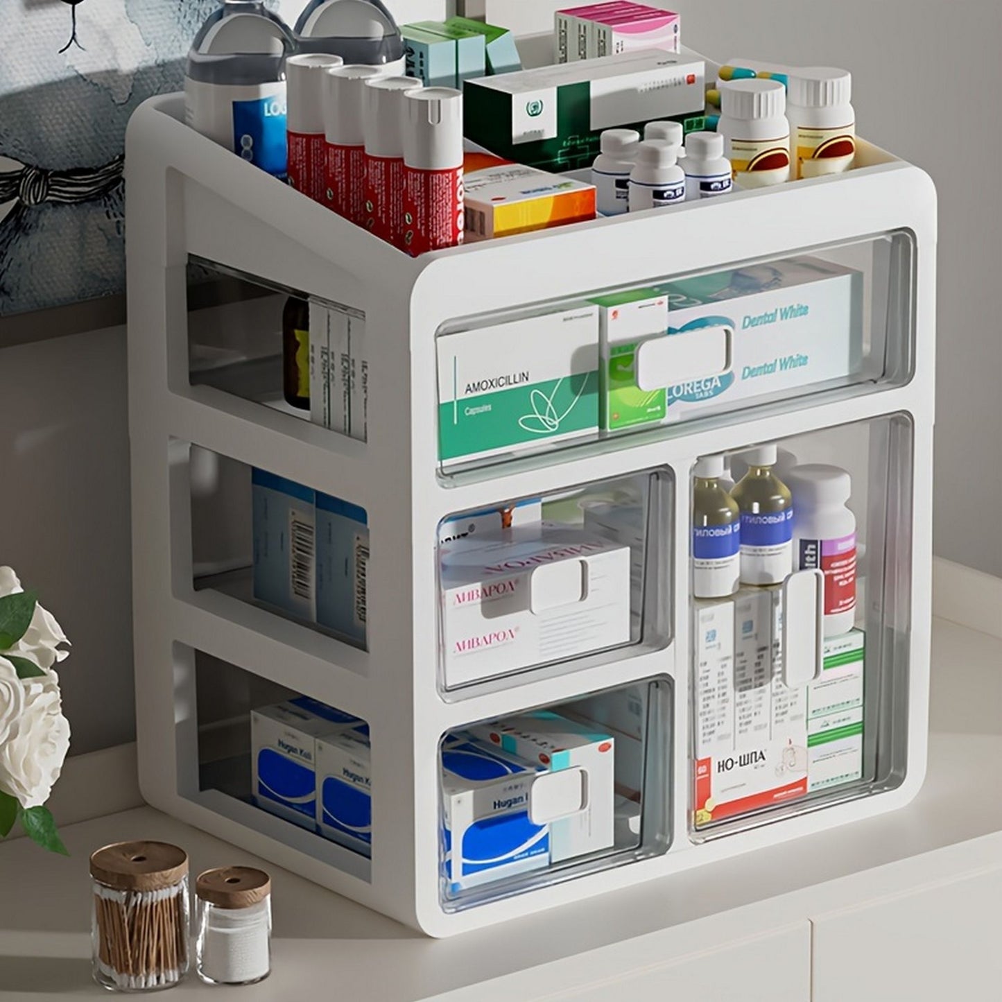 Large capacity family medicine box - access drawers, orderly classification, sturdy multi-layer structure, suitable for medical and drug storage