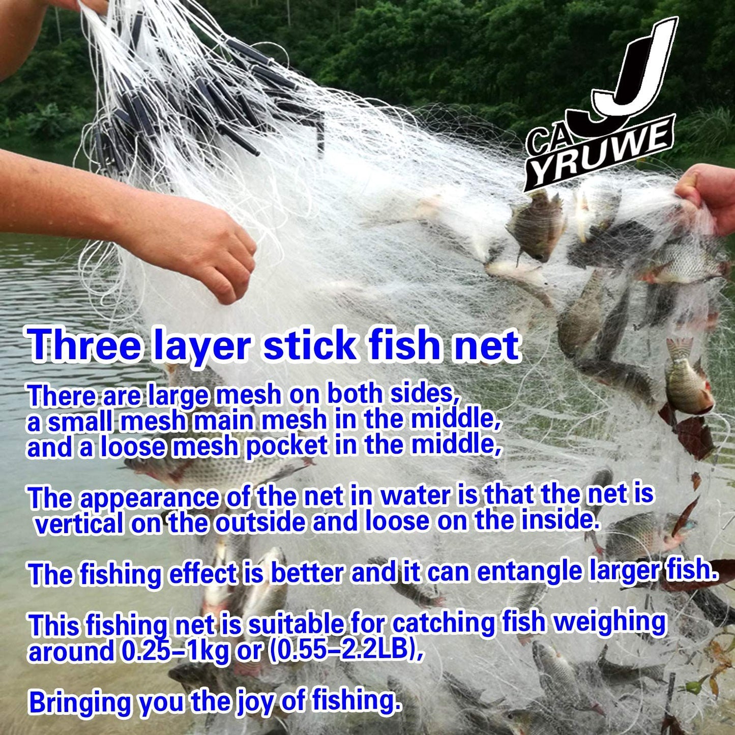 US Folding Fish Sticky Net Three Layer Mesh Nylon Floating Fishing Net Automatically Trap Catch Stick More Fish Easily Portable Folded Reuse Durable Size 25x1.5m or 984x59inch for River Lake