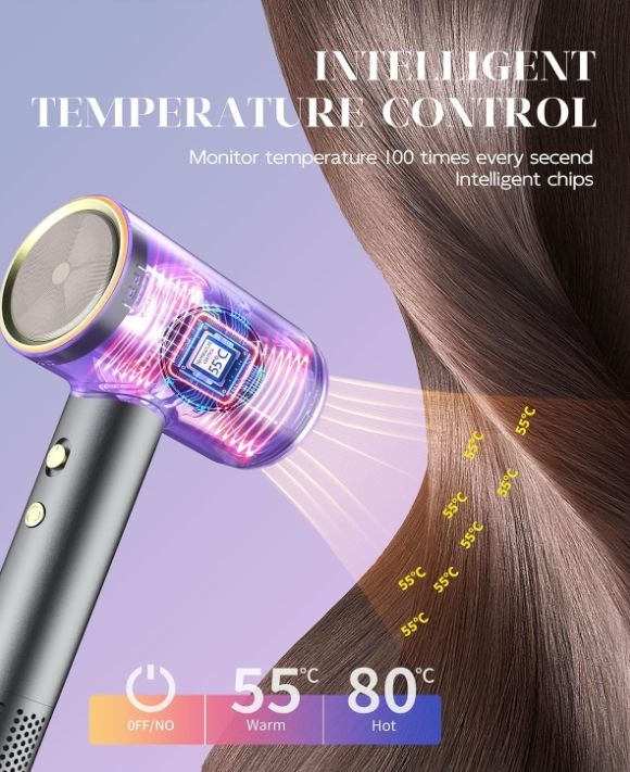 Hair Dryer High Speed Ionic, 110000 RPM Travel Blow Dryer Quiet Intelligent Heat Control Fast Drying 1400W with Diffuser 2 Nozzles, 3 Temps & 2 Speeds