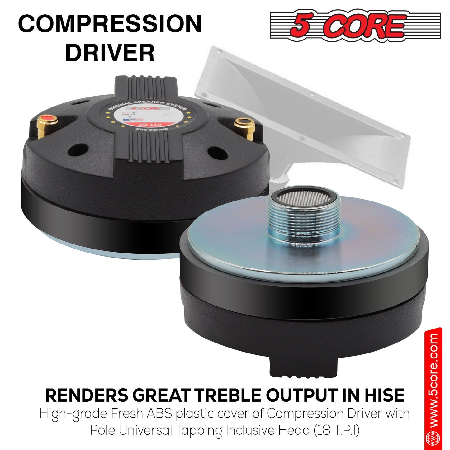 5 CORE Horn Speaker Tweeter Compression Driver 1.75 Inch Titanium Voice Coil 600W Max 8 Ohm 300 Watts RMS Loud 105dB 18 Oz 110mm Magnet- Screw