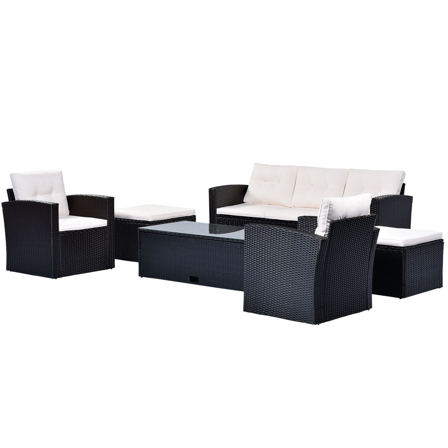 6-piece All-Weather Wicker PE rattan Patio Outdoor Dining Conversation Sectional Set with coffee table, wicker sofas, ottomans, removable cushions