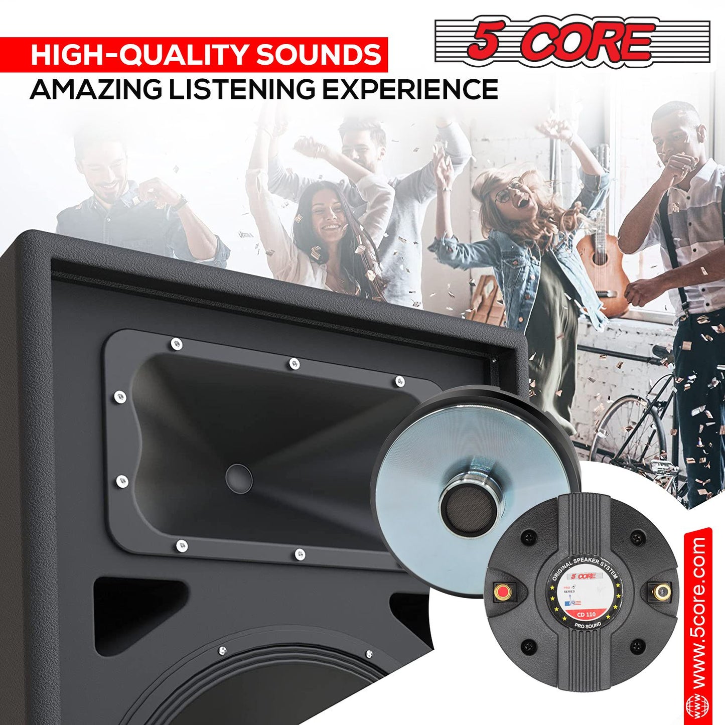 5 CORE Horn Speaker Tweeter Compression Driver 1.75 Inch Titanium Voice Coil 600W Max 8 Ohm 300 Watts RMS Loud 105dB 18 Oz 110mm Magnet- Screw