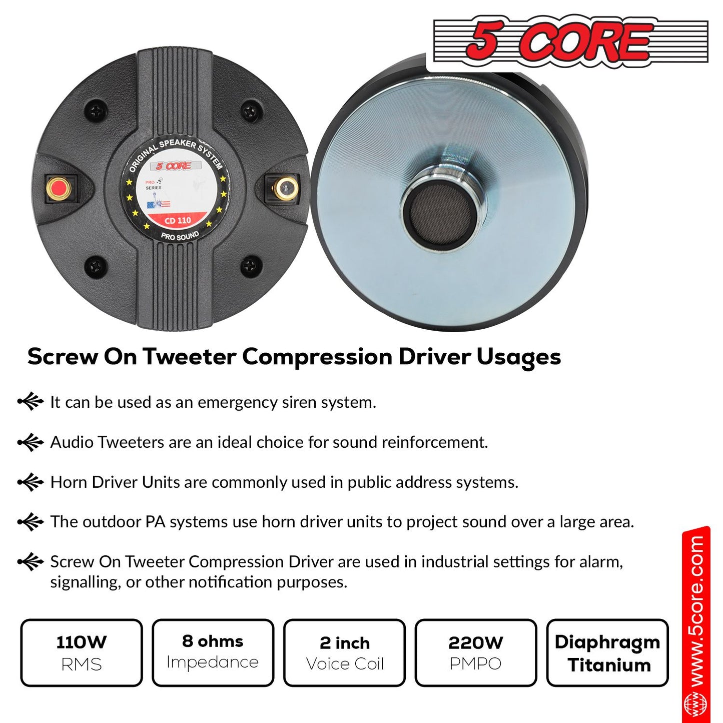 5 CORE Horn Speaker Tweeter Compression Driver 1.75 Inch Titanium Voice Coil 600W Max 8 Ohm 300 Watts RMS Loud 105dB 18 Oz 110mm Magnet- Screw