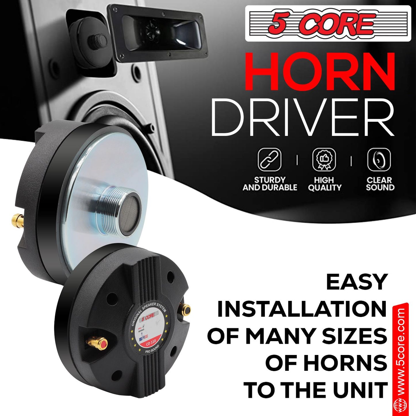 5 CORE Horn Speaker Tweeter Compression Driver 1.75 Inch Titanium Voice Coil 600W Max 8 Ohm 300 Watts RMS Loud 105dB 18 Oz 110mm Magnet- Screw