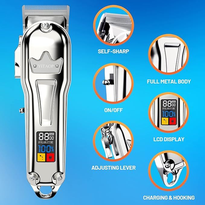 Hair Clipper Cordless Hair Trimmer for Men Professional Full Metal, Beard/Hair Cutting Grooming Kit USB Rechargeable, LED Display