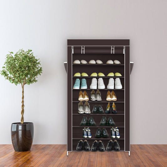10 Tiers Shoe Rack with Dustproof Cover Closet Shoe Storage Cabinet Organizer Dark Brown RT
