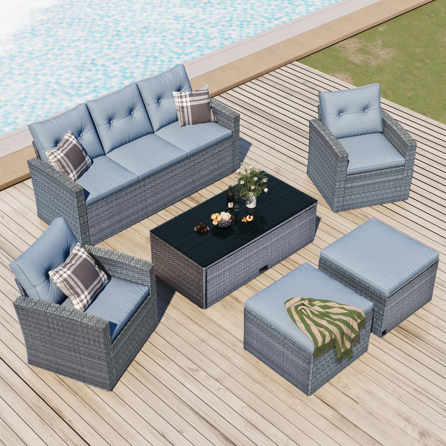 6-piece All-Weather Wicker PE rattan Patio Outdoor Dining Conversation Sectional Set with coffee table, wicker sofas, ottomans, removable cushions (Black wicker, Beige cushion)