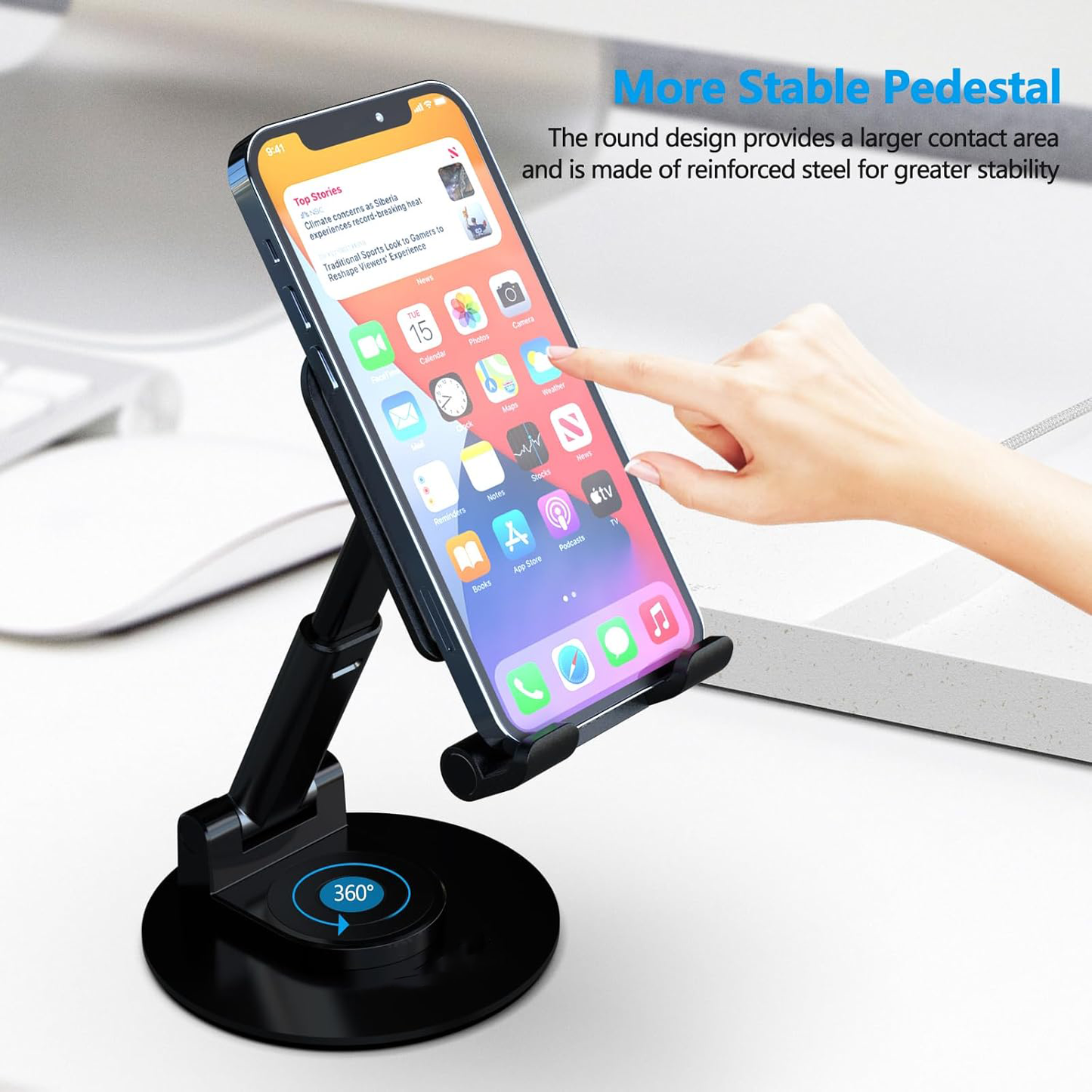 360°Rotating Cell Phone Holder for Desk, Fully Foldable Phone Stand,Angle & Height Adjustable DeskPhone Stand, for Office & Kitchen, Fits All Smart Phones, iPhone, Switch,Tablet