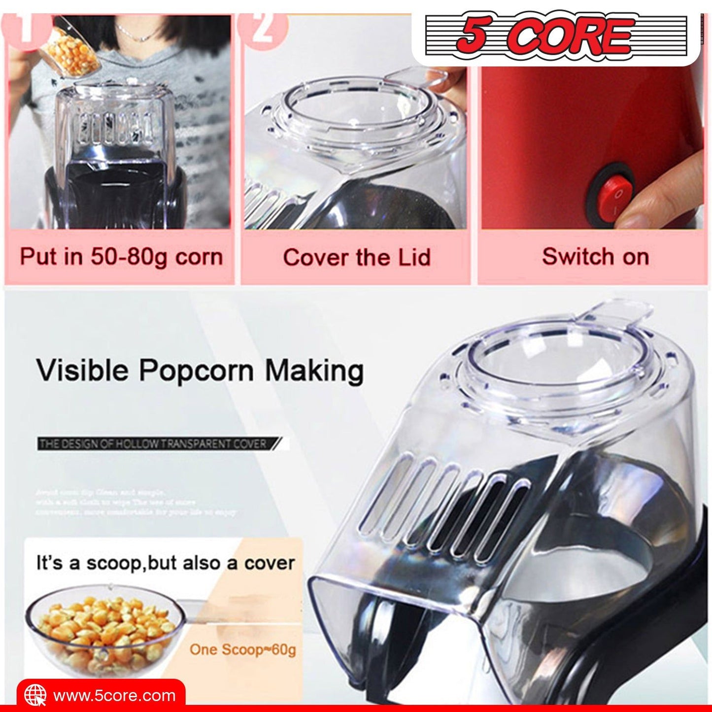 5 Core Popcorn Machine 16 Cup Capacity Hot Air Popper Mini Portable Tabletop Electric Pop Corn Maker Maquina Para Hacer Palomitas De Maiz For Home Movie Party