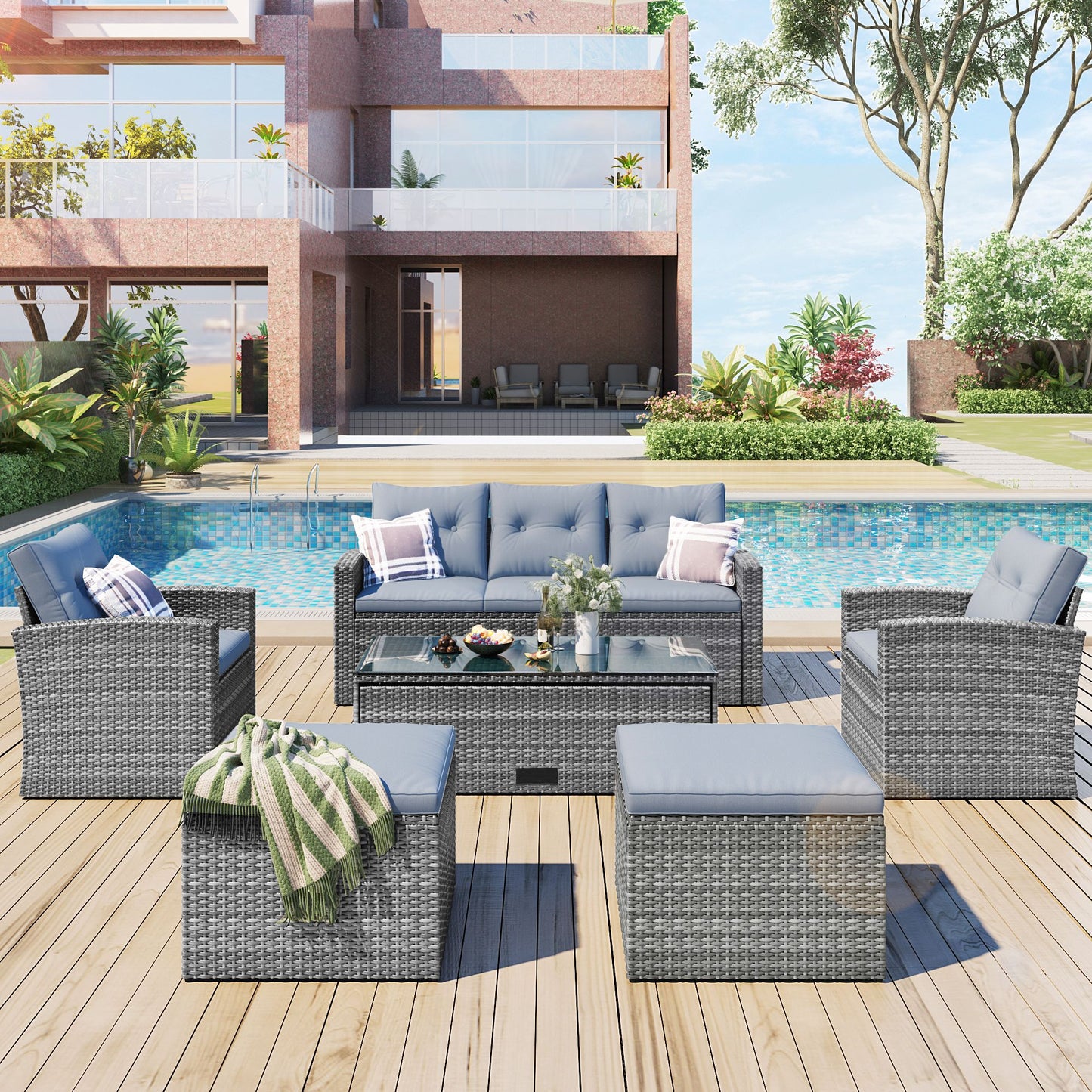 6-piece All-Weather Wicker PE rattan Patio Outdoor Dining Conversation Sectional Set with coffee table, wicker sofas, ottomans, removable cushions (Black wicker, Beige cushion)