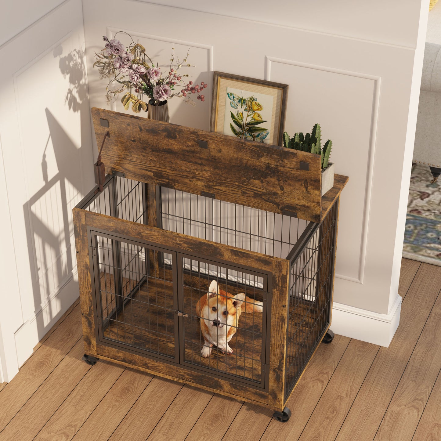 Furniture Style Dog Crate Side Table on Wheels with Double Doors and Lift Top. Rustic Brown, 31.50'' W x 22.05'' D x 25'' H.