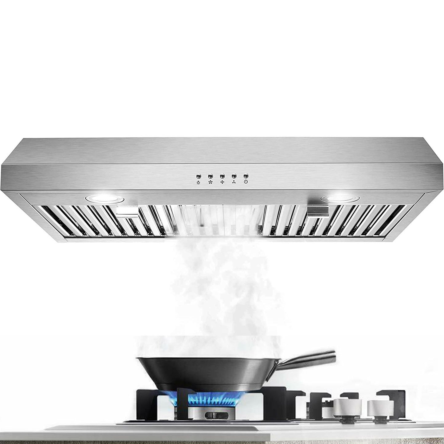 30 inch Kitchen Under Cabinet Range Hood 3-Speed 600CFM Vent w/LEDs Silver/Black