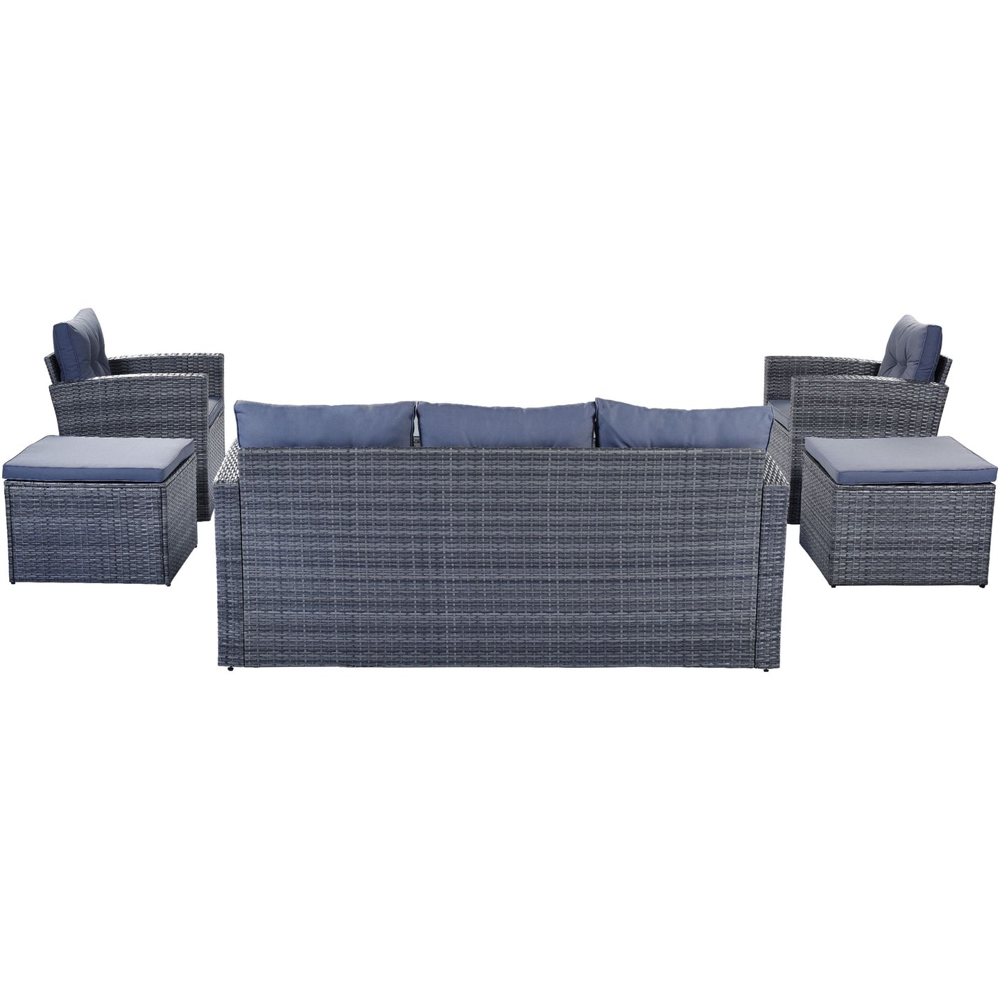 6-piece All-Weather Wicker PE rattan Patio Outdoor Dining Conversation Sectional Set with coffee table, wicker sofas, ottomans, removable cushions (Black wicker, Beige cushion)