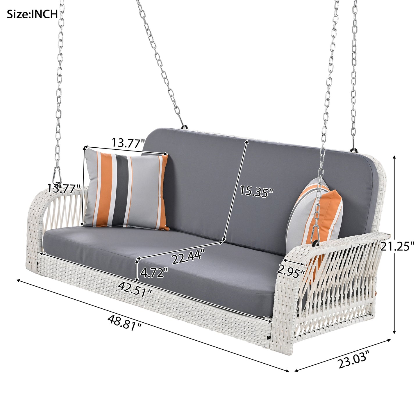 PE Wicker Porch Swing, 2-Seater Hanging Bench With Chains, Patio Furniture Swing For Backyard Garden Poolside