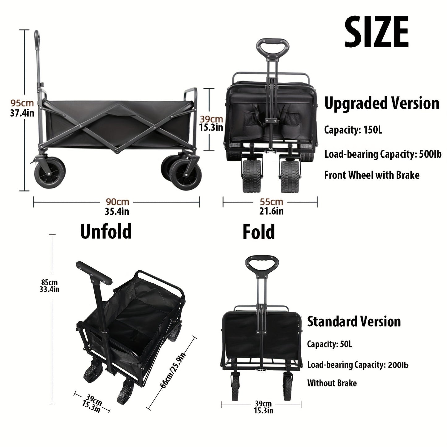 1pc Collapsible Foldable Wagon Cart Storage Box, 300/500LBS Heavy Duty Utility Garden Cart With All-Terrain Wheels For Beach, Lawn, Sports, Camping, Black, Can be Used As a Pet Cart