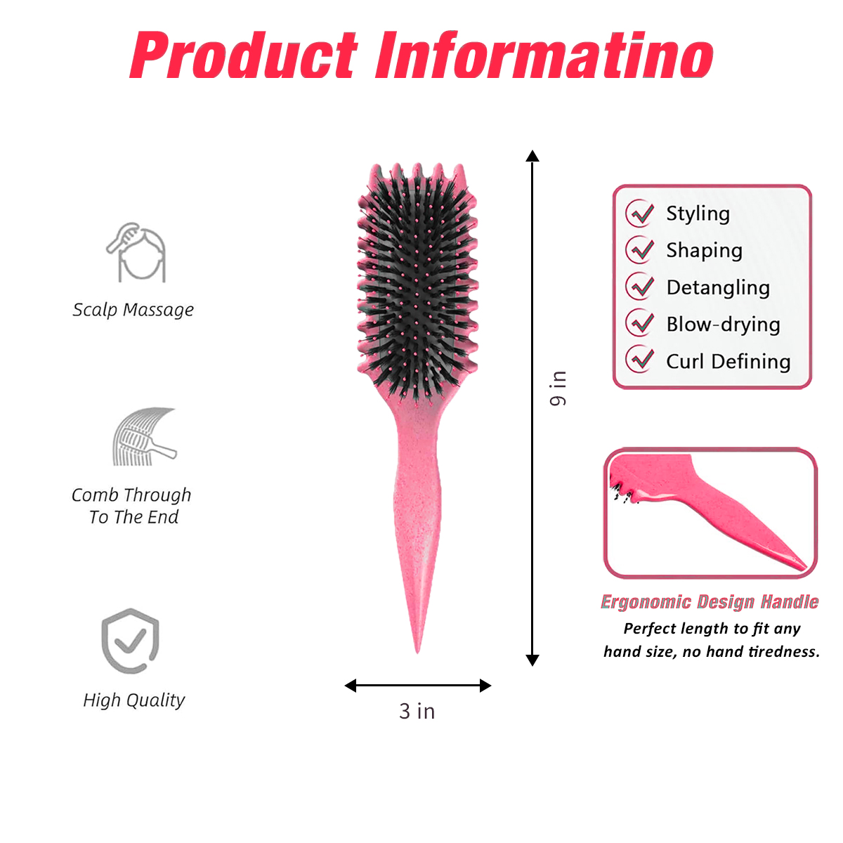 Curl Defining Brush,Boar Bristle Hair Brush Styling Brush for detangling,combing and shaping men and women,curls to reduce pulling and curl separation(Pink)