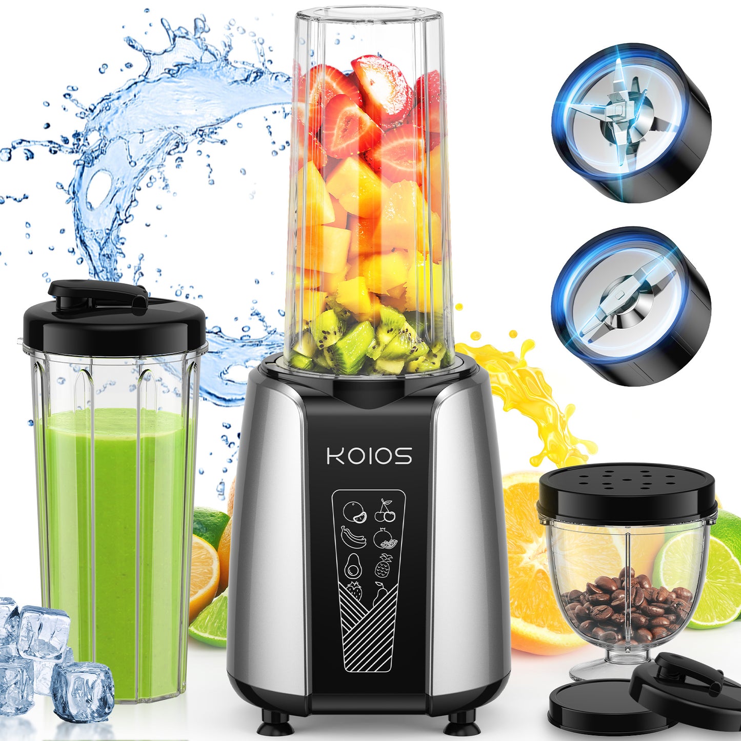 KOIOS Smoothie Blender, Max 1000w Personal Blender for Shakes and Smoothies, 12Pcs Coffee Grinder and Countertop Blenders Combo for Kitchen, Portable Smoothie Blenders with 2x22 oz To-Go Cups, Non-BPA