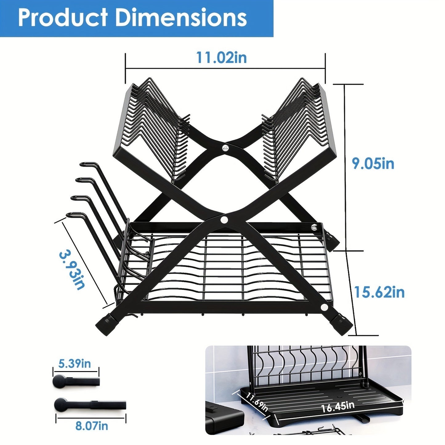 2-layer bowl and dish drying rack with bowl, cup, and basin holder, foldable bowl and dish drain rack, suitable for kitchen countertops, rust proof tableware rack with drain plate, black