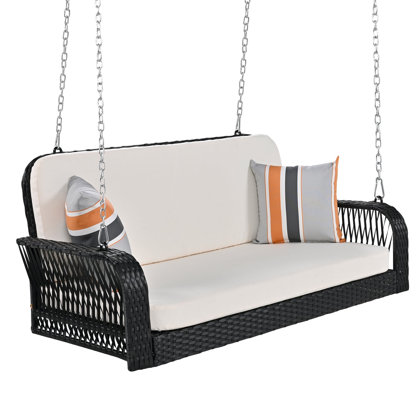 PE Wicker Porch Swing, 2-Seater Hanging Bench With Chains, Patio Furniture Swing For Backyard Garden Poolside