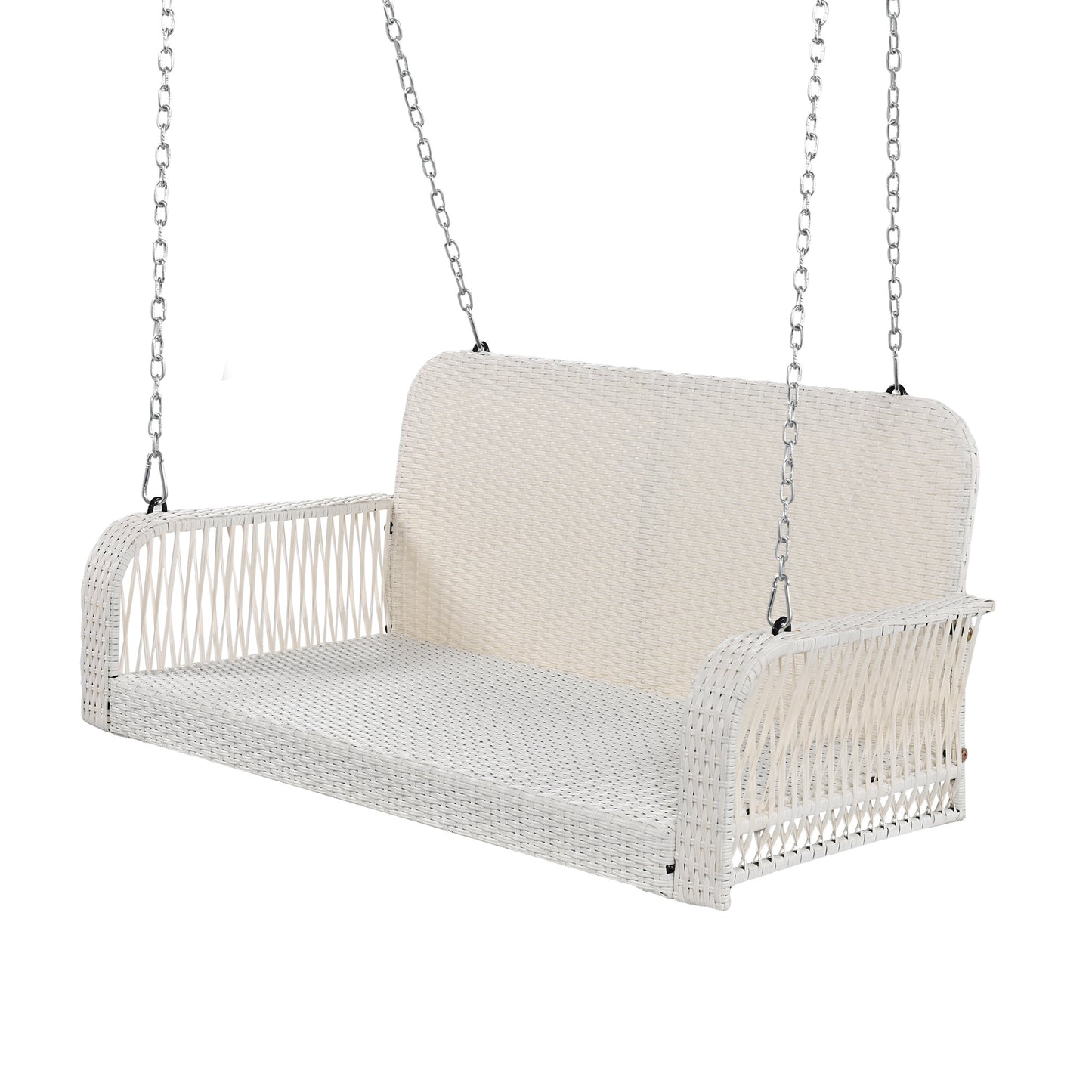 PE Wicker Porch Swing, 2-Seater Hanging Bench With Chains, Patio Furniture Swing For Backyard Garden Poolside