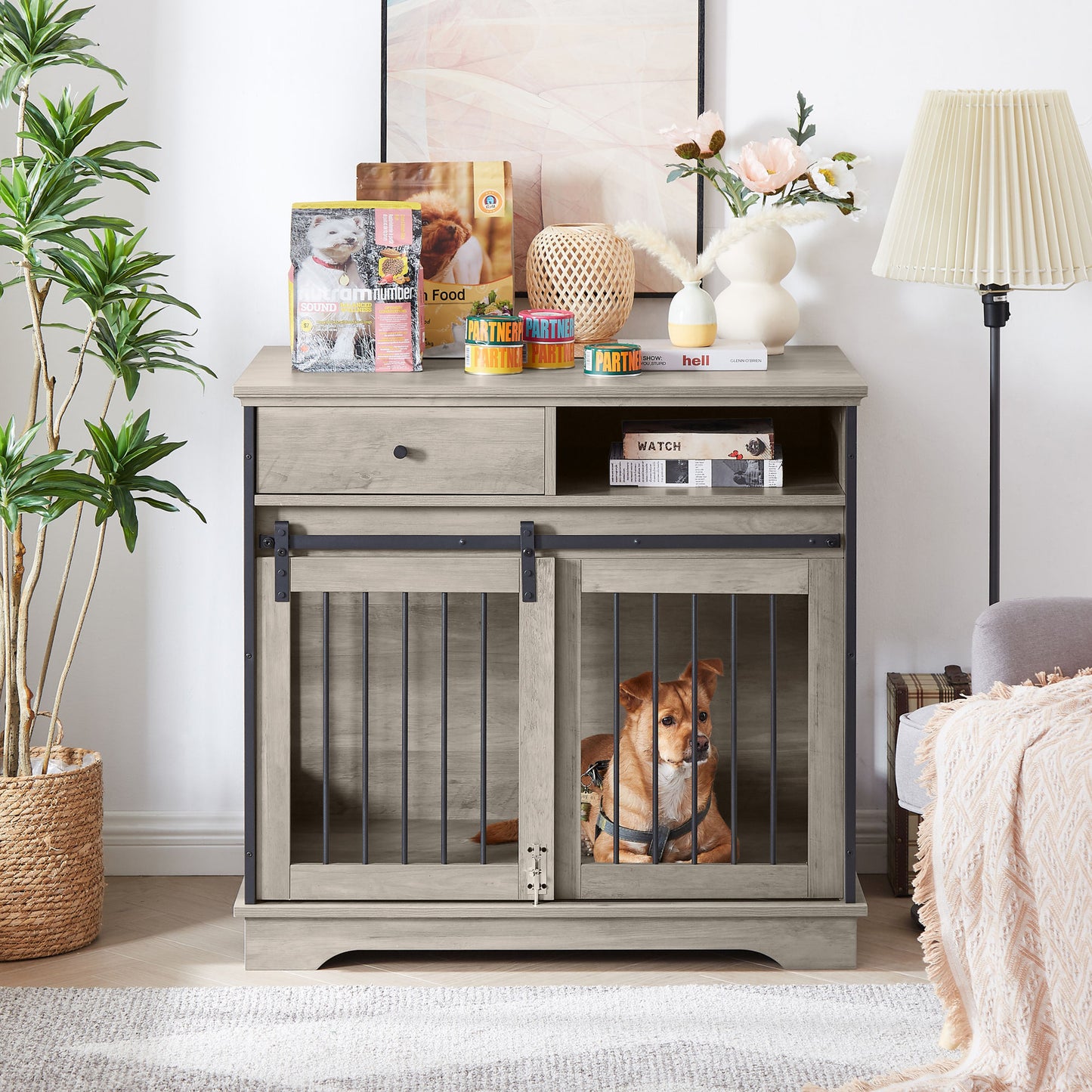 Sliding door dog crate with drawers. 35.43'' W x 23.62'' D x 33.46'' H