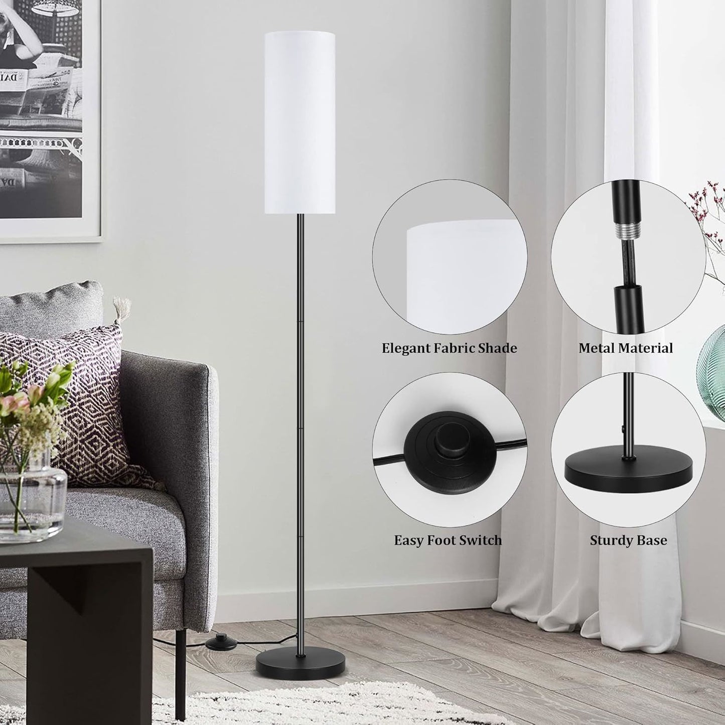 Floor Lamp for Living Room, Modern Standing Lamps with Lampshade, Minimalist Tall Lamp with Foot Switch for Living Room, Bedroom, Kids Room, Office(Bulb Not Included)