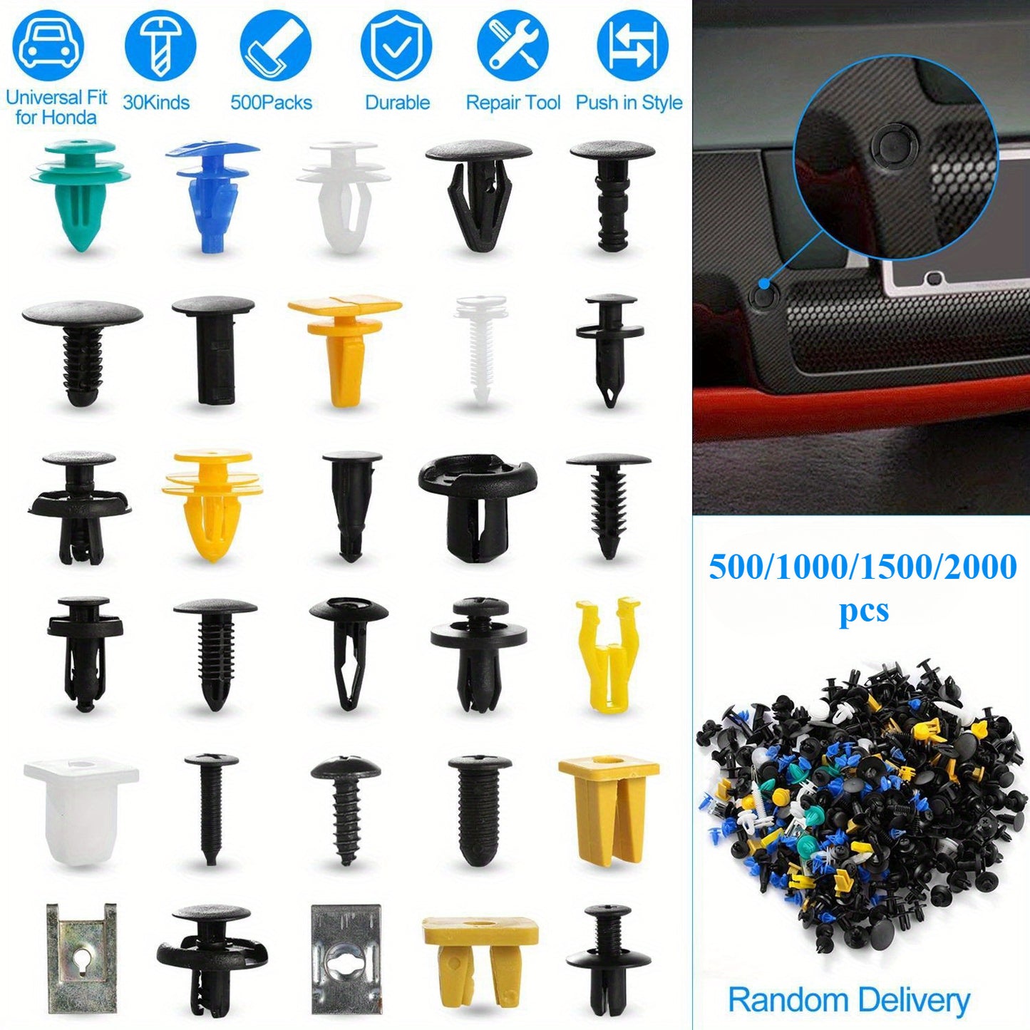 500/1000/1500 pieces of hybrid car fastener rivet push clip kit, nylon bumper fender trim panel cover engine rivets