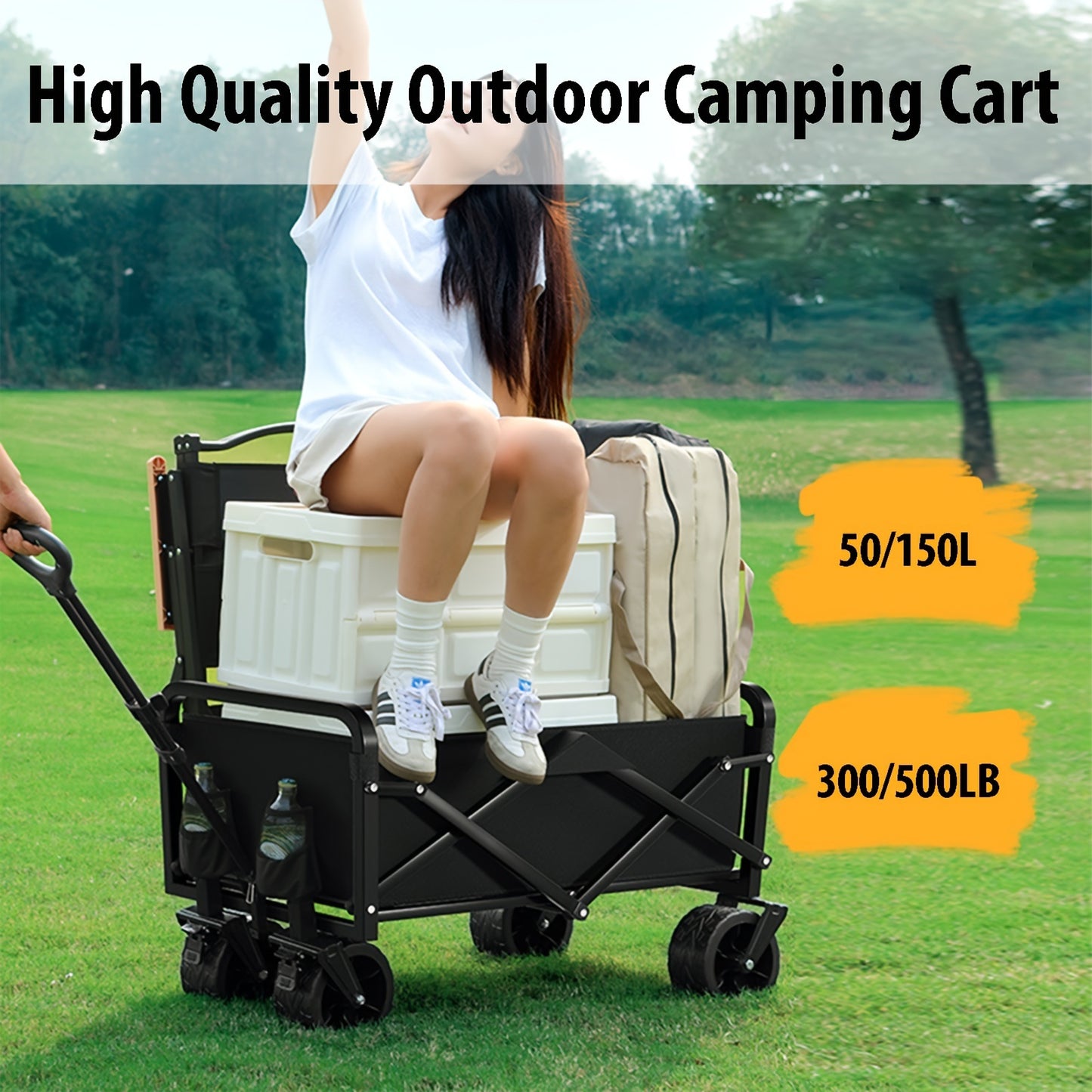 1pc Collapsible Foldable Wagon Cart Storage Box, 300/500LBS Heavy Duty Utility Garden Cart With All-Terrain Wheels For Beach, Lawn, Sports, Camping, Black, Can be Used As a Pet Cart