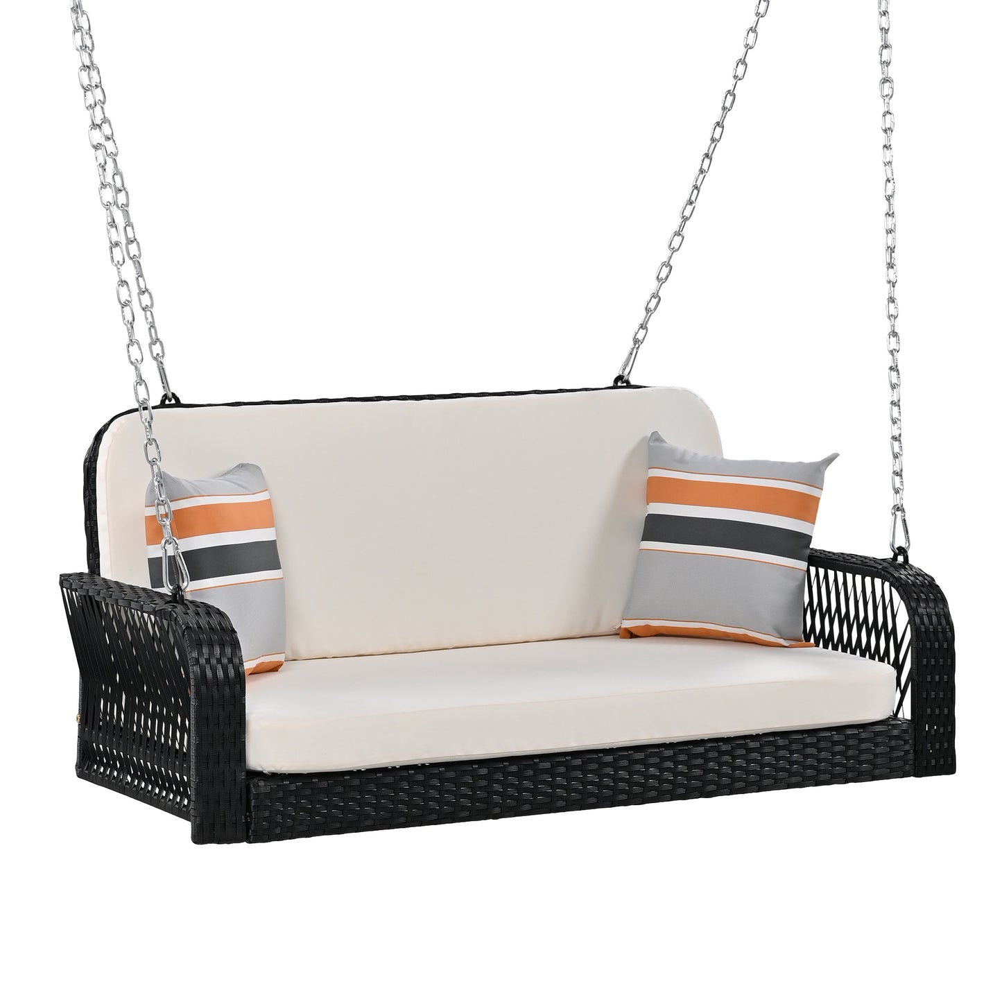 PE Wicker Porch Swing, 2-Seater Hanging Bench With Chains, Patio Furniture Swing For Backyard Garden Poolside