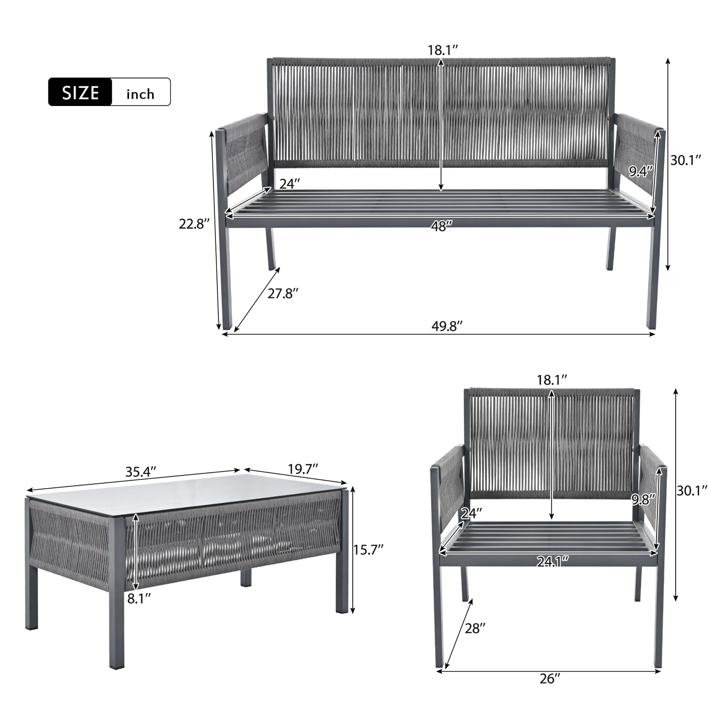 4-Piece Rope Patio Furniture Set, Outdoor Furniture with Tempered Glass Table, Patio Conversation Set Deep Seating with Thick Cushion for Backyard Porch Balcony