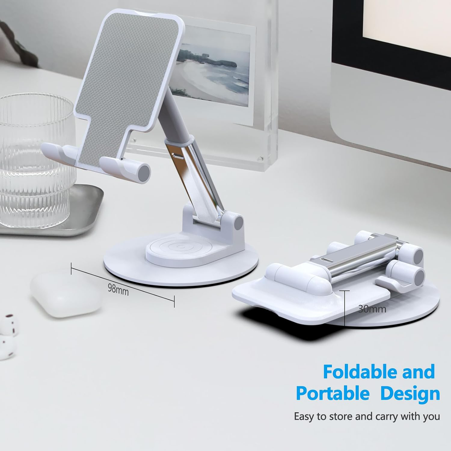 360°Rotating Cell Phone Holder for Desk, Fully Foldable Phone Stand,Angle & Height Adjustable DeskPhone Stand, for Office & Kitchen, Fits All Smart Phones, iPhone, Switch,Tablet