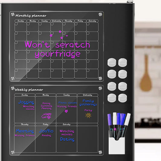 Acrylic Magnetic Calendar Board for Refrigerator, Set of 2, Reusable Transparent Monthly Planner Calendar Planner Memo