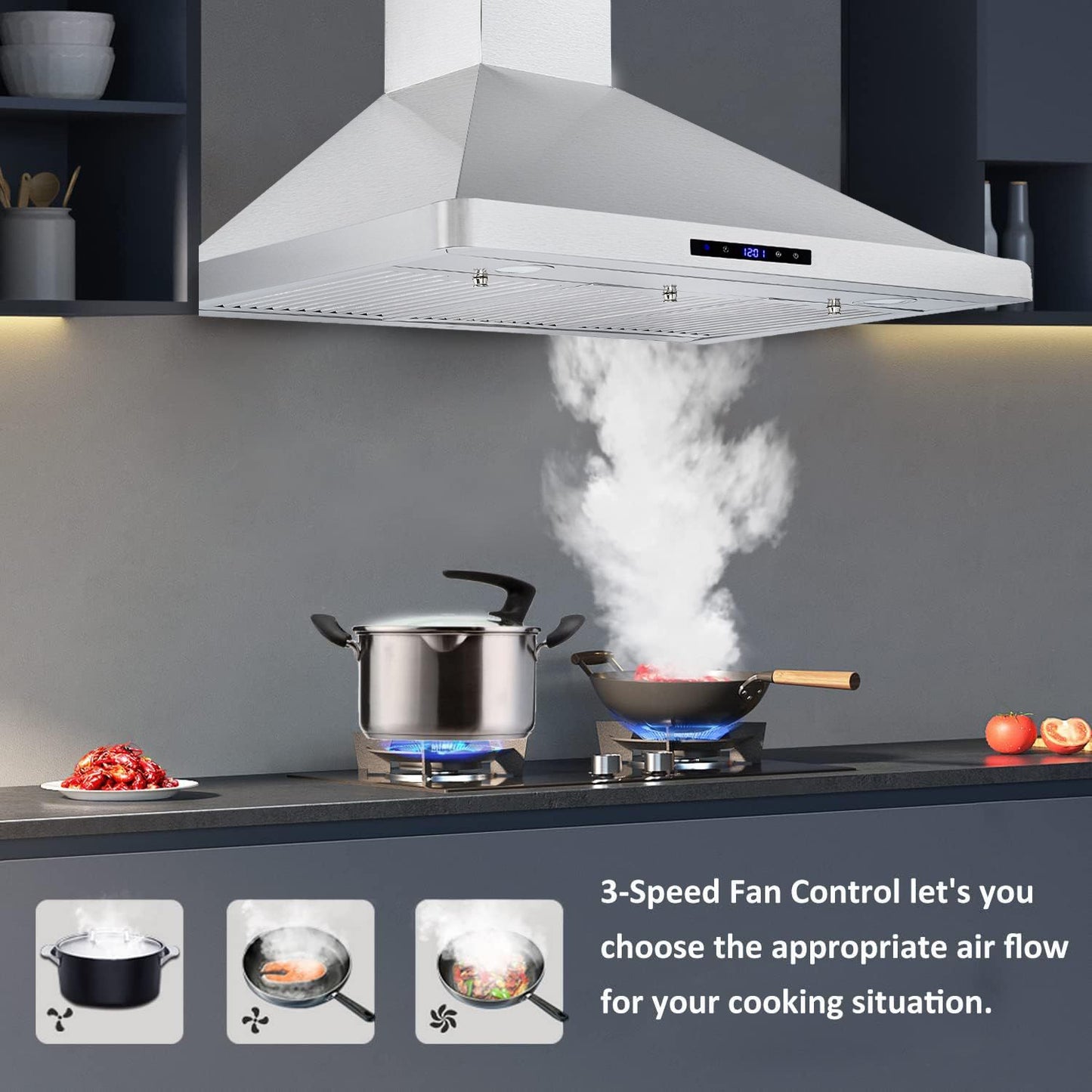 30/36 inch Range Hood 700CFM Wall Mount Stainless Steel Touch Control 3-speed Stove Vent