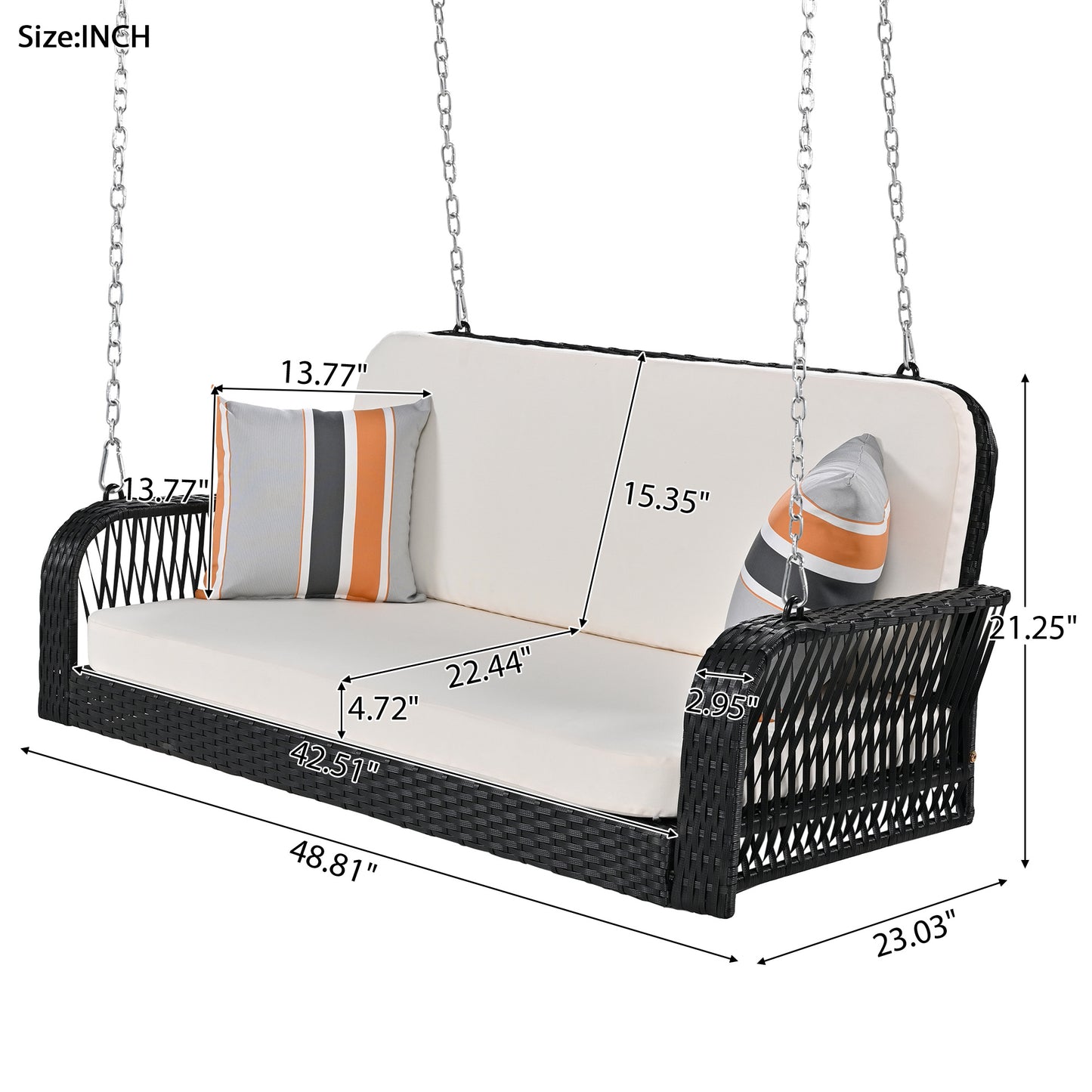 PE Wicker Porch Swing, 2-Seater Hanging Bench With Chains, Patio Furniture Swing For Backyard Garden Poolside