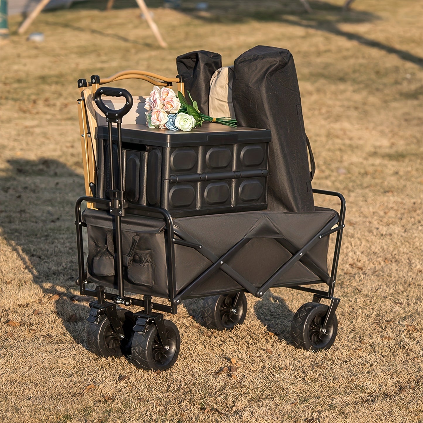 1pc Collapsible Foldable Wagon Cart Storage Box, 300/500LBS Heavy Duty Utility Garden Cart With All-Terrain Wheels For Beach, Lawn, Sports, Camping, Black, Can be Used As a Pet Cart