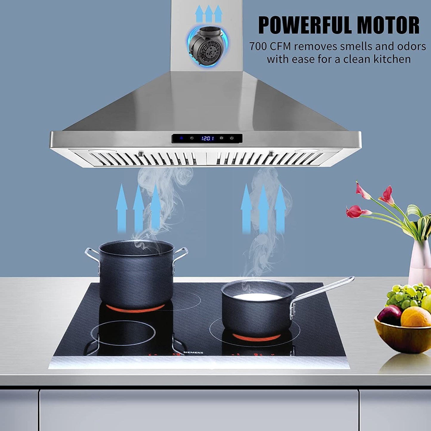 30/36 inch Range Hood 700CFM Wall Mount Stainless Steel Touch Control 3-speed Stove Vent