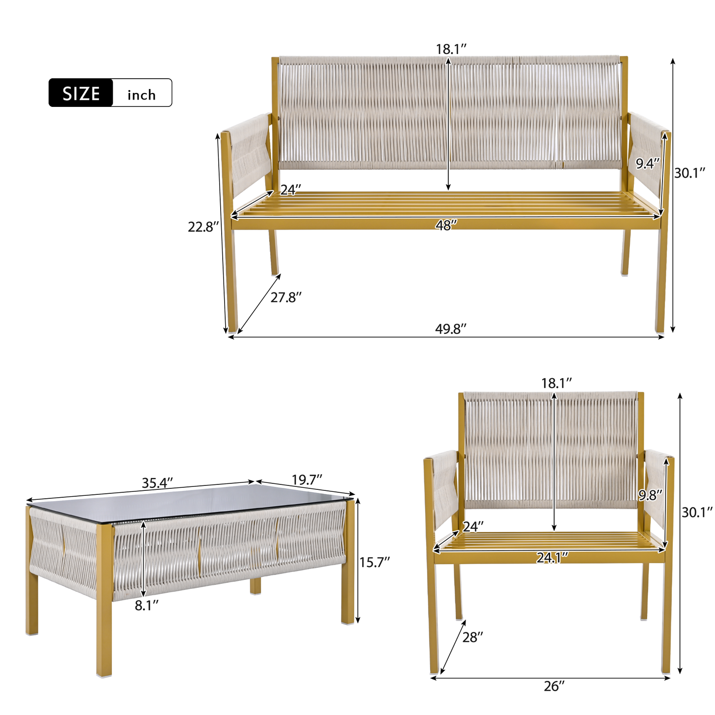 4-Piece Rope Patio Furniture Set, Outdoor Furniture with Tempered Glass Table, Patio Conversation Set Deep Seating with Thick Cushion for Backyard Porch Balcony