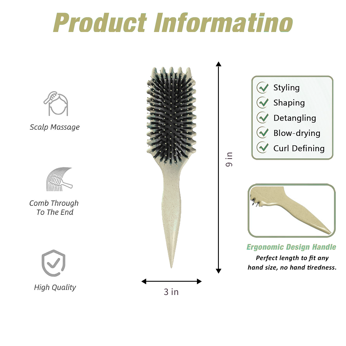 Curl Defining Brush,Boar Bristle Hair Brush Styling Brush for detangling,combing and shaping men and women,curls to reduce pulling and curl separation(Mickey White)