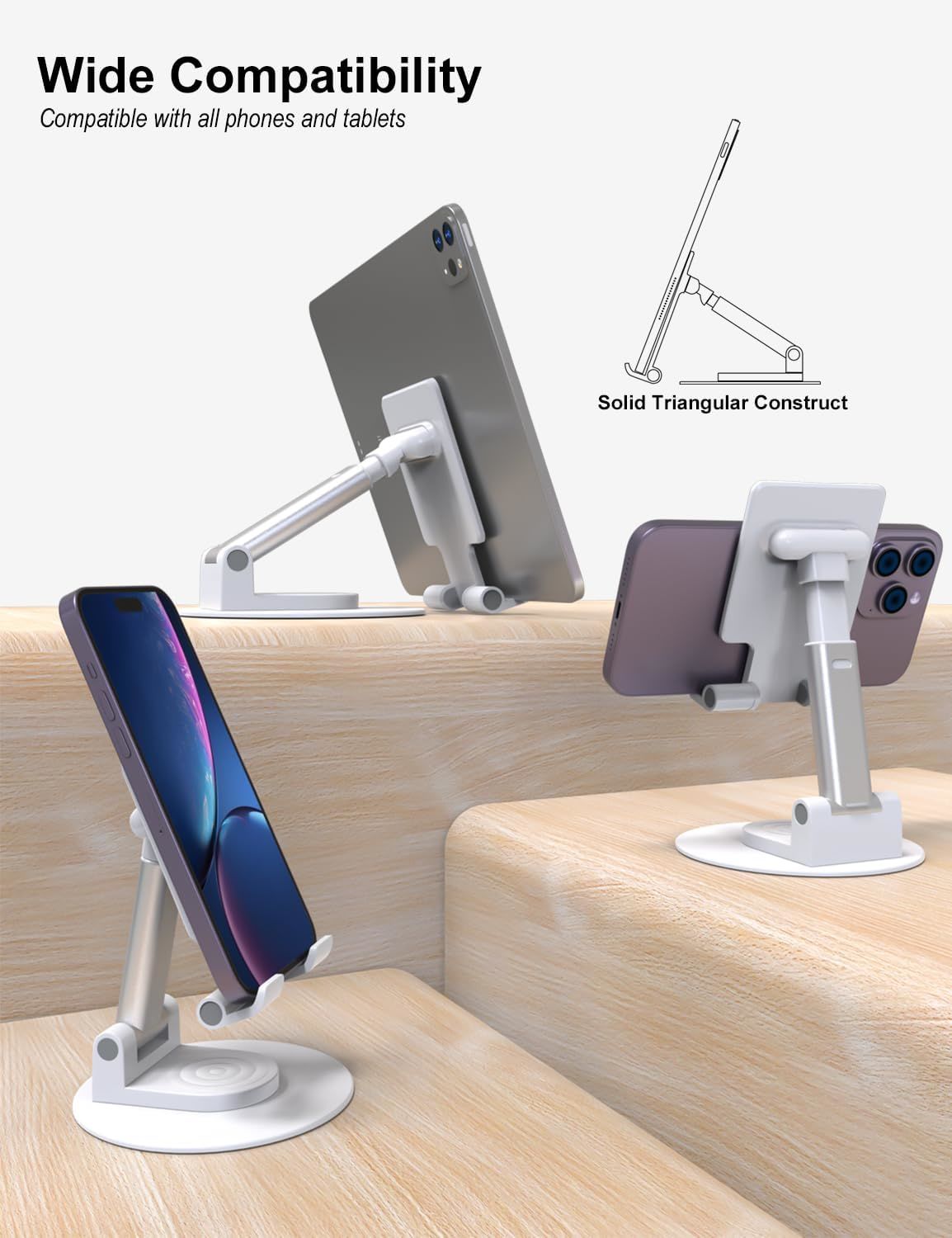 360°Rotating Cell Phone Holder for Desk, Fully Foldable Phone Stand,Angle & Height Adjustable DeskPhone Stand, for Office & Kitchen, Fits All Smart Phones, iPhone, Switch,Tablet