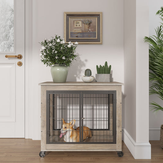 Furniture Dog Cage Crate with Double Doors on Casters. Grey, 31.50'' W x 22.05'' D x 24.8'' H.