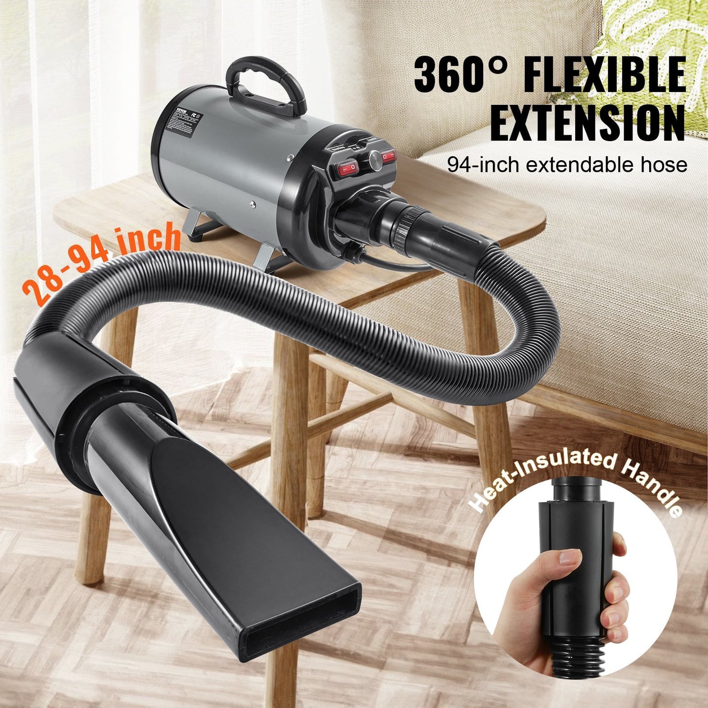 VEVOR Dog Dryer, 2800W/4.3HP Dog Blow Dryer, Pet Grooming Dryer with Adjustable Speed and Temperature Control, Pet Hair Dryer with 4 Nozzles and Extendable Hose, Grey and Black