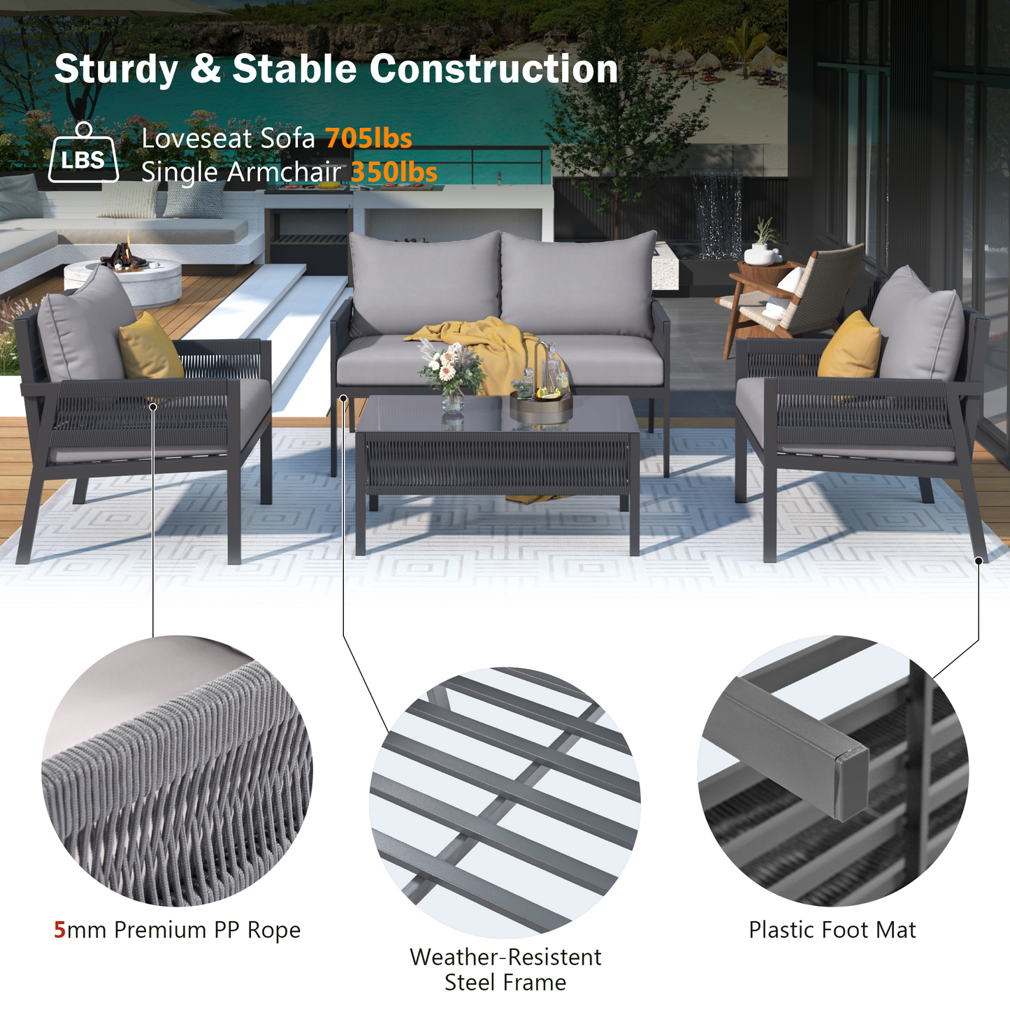 4-Piece Rope Patio Furniture Set, Outdoor Furniture with Tempered Glass Table, Patio Conversation Set Deep Seating with Thick Cushion for Backyard Porch Balcony