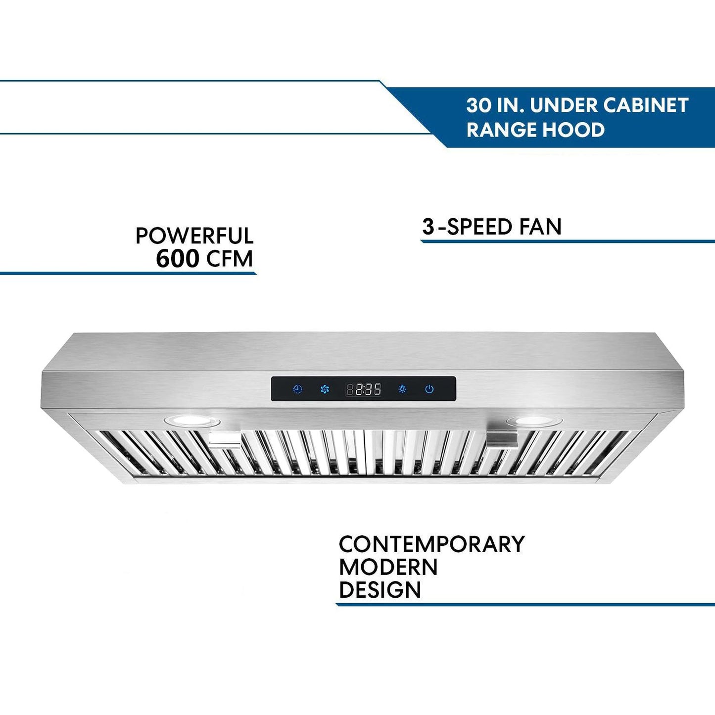 30 inch Kitchen Under Cabinet Range Hood 3-Speed 600CFM Vent w/LEDs Silver/Black